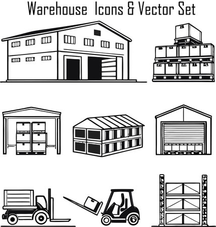 Forklift and warehouse icon set in black and white illustration.のイラスト素材