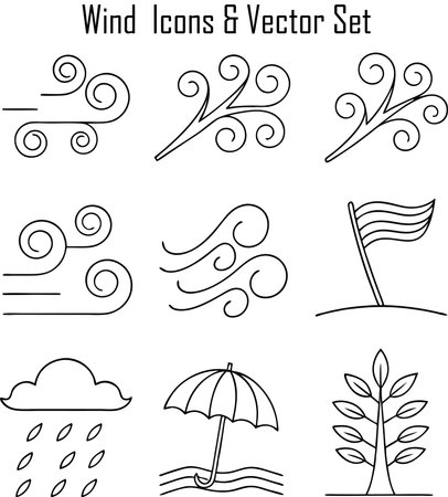 Windy weather icon set. Vector illustration in black and white.のイラスト素材