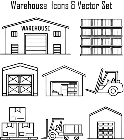 Warehouse and forklift icons set, black and white vector illustrationのイラスト素材