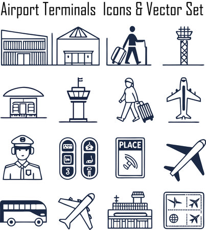Airport icons set, mono vector pictogram pack isolated on whiteのイラスト素材