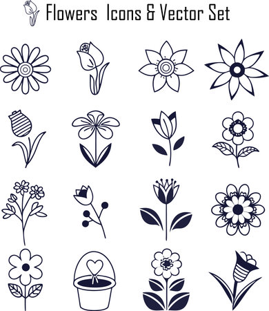 Flower icon set in black and white colors. Vector illustration.のイラスト素材
