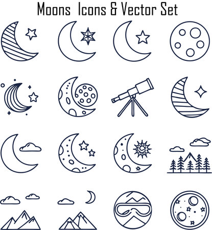 Vector set of thin line icons of moon, stars, sun, moonlight, clouds, stars and other elementsのイラスト素材