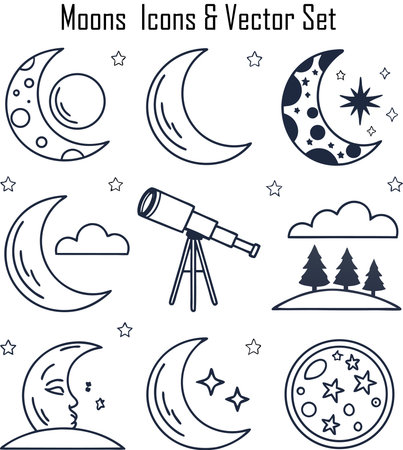 Moon, stars and constellations thin line icons set. Vector illustrationのイラスト素材