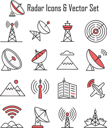 Radar and satellite line icons set, flat design vector illustration.のイラスト素材