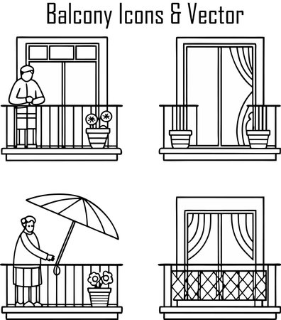 Black and White Cartoon Illustration Set of Balcony or House Windows with Plants and Umbrellaのイラスト素材