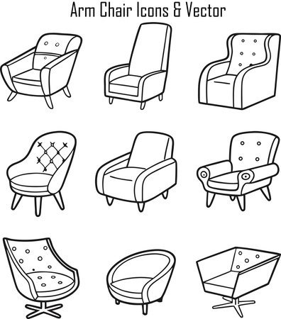 Black and White Cartoon Illustration of Four Armchair Furniture Icons Setのイラスト素材