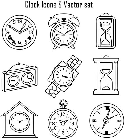 Vector set of clocks and watches. Black and white vector illustration.のイラスト素材