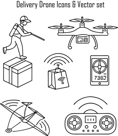 Drone delivery icon set in black and white. Vector illustration.のイラスト素材