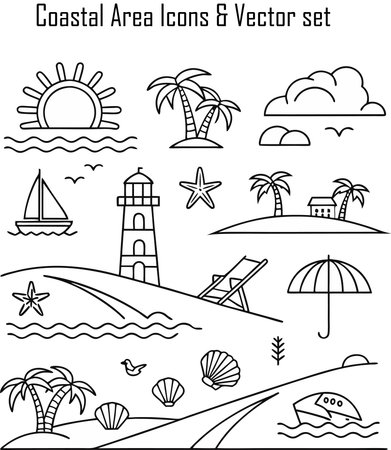 Set of black and white line art vector illustration of sea, beach, lighthouse, seagulls and palm trees.のイラスト素材