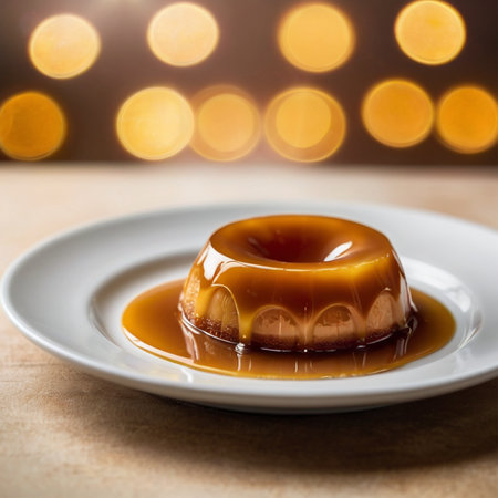 close up of a caramel flan on a plate with bokeh backgroundの写真素材