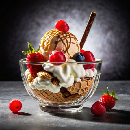 Ice cream with fruits and berries in glass bowl on dark background.の写真素材