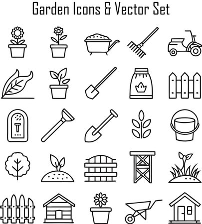 gardening icon set, outline vector symbol collection, linear pictogram pack isolated on whiteのイラスト素材