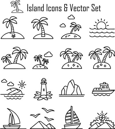 Black and white line art icon set of island, lighthouse, sailboat, palm trees and other objects.のイラスト素材