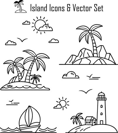 Set of hand drawn vector illustrations of island, lighthouse, sailboat, palm trees. Line art.のイラスト素材