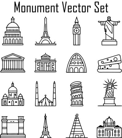 Monument and landmarks icon set. Outline set of monument and landmarks vector icons for web design isolated on white backgroundのイラスト素材