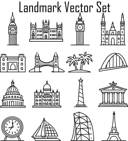 World famous landmarks line art icon set, stock vector illustration, clip-art graphicsのイラスト素材