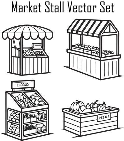Set of black and white vector illustrations of market stall with fruits and vegetablesのイラスト素材