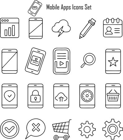 Mobile apps icon set in thin line style vector illustration on white background.のイラスト素材