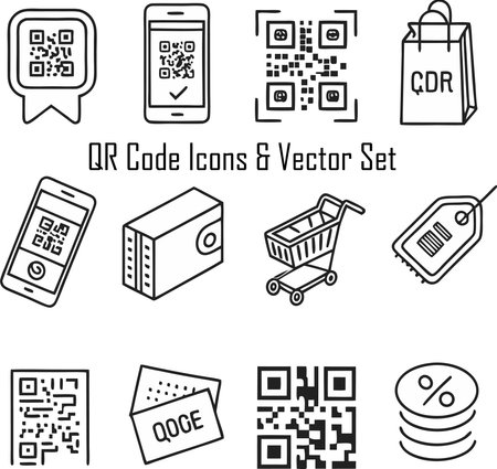 Qr code and shopping cart icon set, line art vector illustration.のイラスト素材