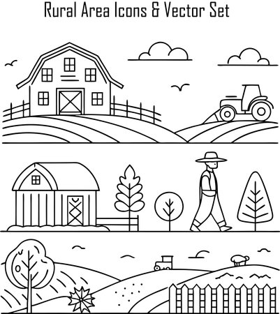 Black and white farm landscape coloring page for children. Vector illustration.のイラスト素材