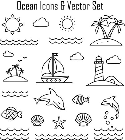 Set of vector icons with sea, sailboat, palm trees, fish, lighthouse and other elements.のイラスト素材