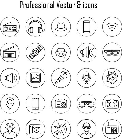 Vector set of black and white line icons on the theme of multimedia.のイラスト素材