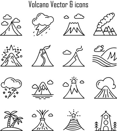 Volcanic eruption line icon set, outline style pictogram pack isolated on whiteのイラスト素材