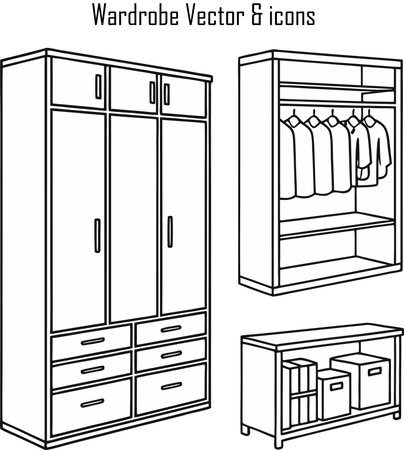 Vector illustration of a wardrobe with clothes on hangers and drawersのイラスト素材