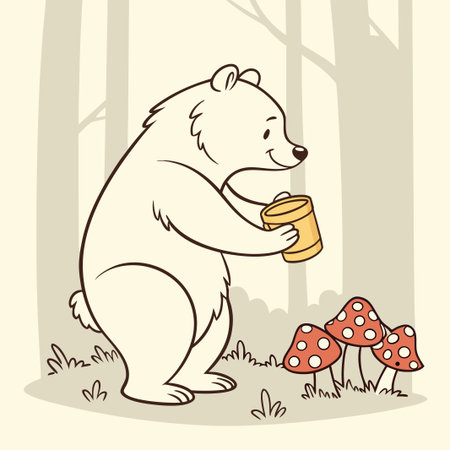 Polar bear with a cup of coffee in the forest. Vector illustrationのイラスト素材