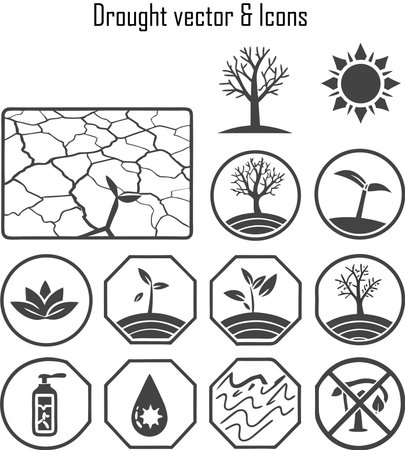 Drought icons set. Vector illustration. Black and white colors.のイラスト素材