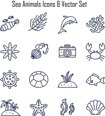 Sea life icon set in thin line style. Vector illustration on white background.のイラスト素材