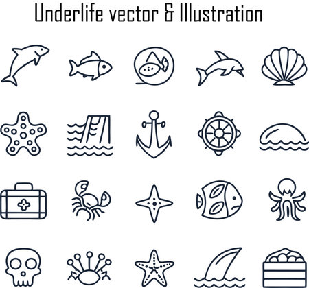 Underwater icons set in thin line style. Marine vector illustration.のイラスト素材