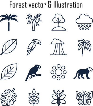 tropical forest icon set, vector line art illustration design elements.のイラスト素材