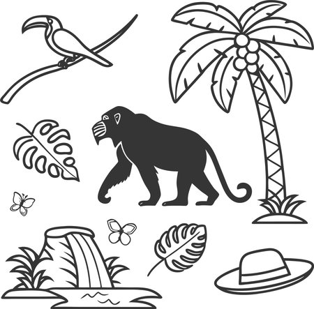 Monkey, palm tree, bird, hat, bird and butterflyのイラスト素材