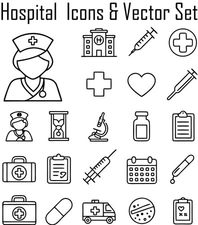 Hospital and medical icons set in thin line style. Vector illustration.のイラスト素材