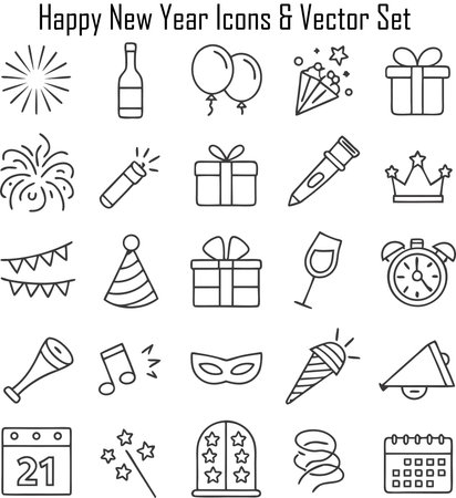 Happy New Year line icon set, outline vector symbol collection, linear pictogram pack isolated on white.のイラスト素材