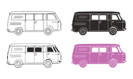 Vintage camper van set. Retro camper van vector illustrationのイラスト素材