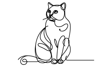 Continuous one line drawing of a cat sitting on a white background.のイラスト素材