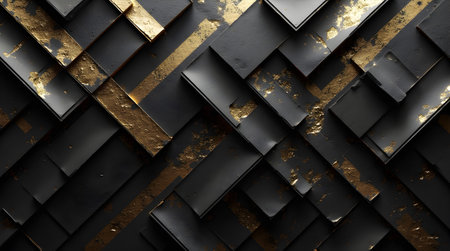 3d illustration of abstract geometric background with gold and black elements.の写真素材