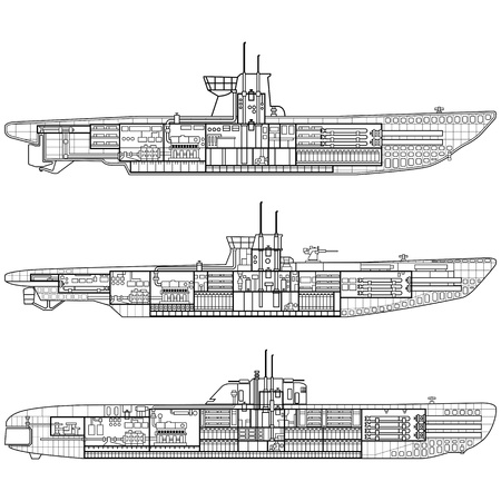 3 kinds of German submarine which been used at World War II. のイラスト素材