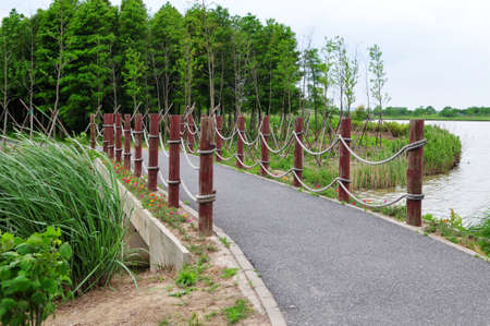 Panoramic photo of a small wooden bridge over a river in the wild and plants on the shore