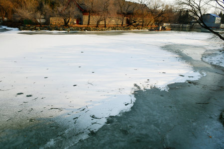 Photo of frozen lakes in winter, Beijing, Chinaのeditorial素材