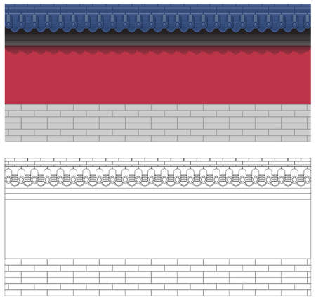 Layered editable vector illustration of chinese traditional ancient brick wall style with beautiful blue glazed tiles and red color.のイラスト素材