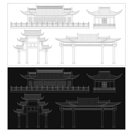 Layered editable vector illustration outline of Chinese traditional style buildings including houses, pavilions, archways.のイラスト素材