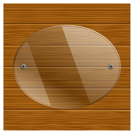 Layered editable vector illustration of transparent glass photo frame on wooden board background.のイラスト素材