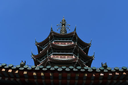 Photo of an ancient pagoda in a Chinese templeの写真素材