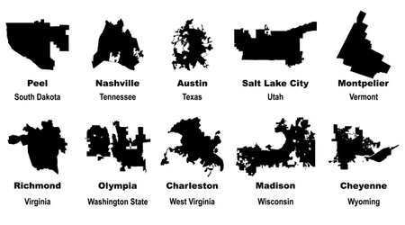 Layered editable vector illustration of map outlines of ten US state capital citiesのイラスト素材