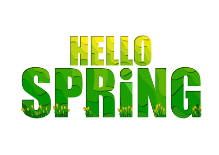 Paper cut out style. Phrase Hello spring with yellow crocus flowersの写真素材