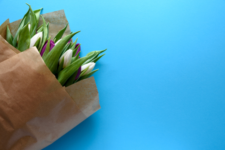 Bouquet of white and purple tulips on blue background. Top view. Flat lay. Copy space. Valentines day, mothers day, birthday, wedding celebration concept.の写真素材