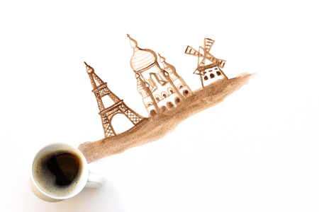 Espresso cup with hand drawing attractions of Paris, France. Coffee art or creative concept. Top viewの写真素材